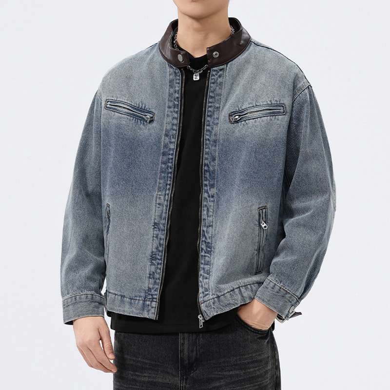 Mens Fashion Denim Jacket - جاكيت دنيم رجالي بياقة جلدية، بتصميم