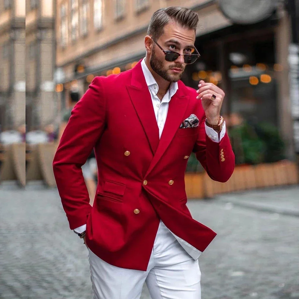 Slim Fit Blazer Men - بدلة رجالية أنيقة بسترة حمراء وبنطلون