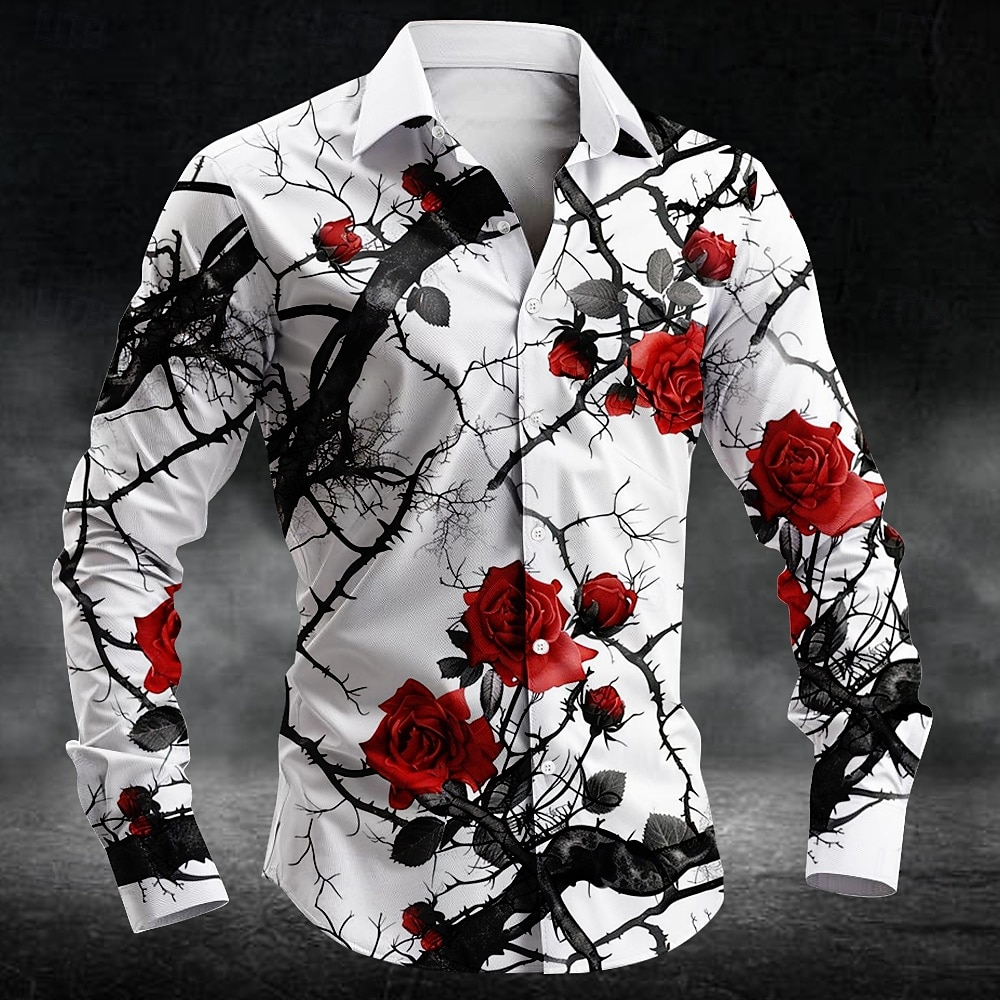 Mens Fashion Casual Outfits - قميص رجالي بأكمام طويلة بتصميم زهرة